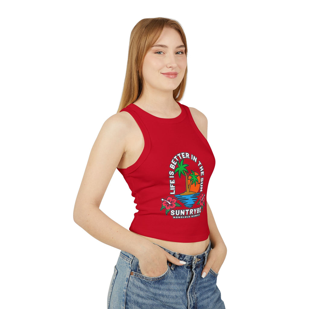 Life Is Better in the Sun - Sunset Palm Racer Crop Tank by Suntrybe Supply Co.