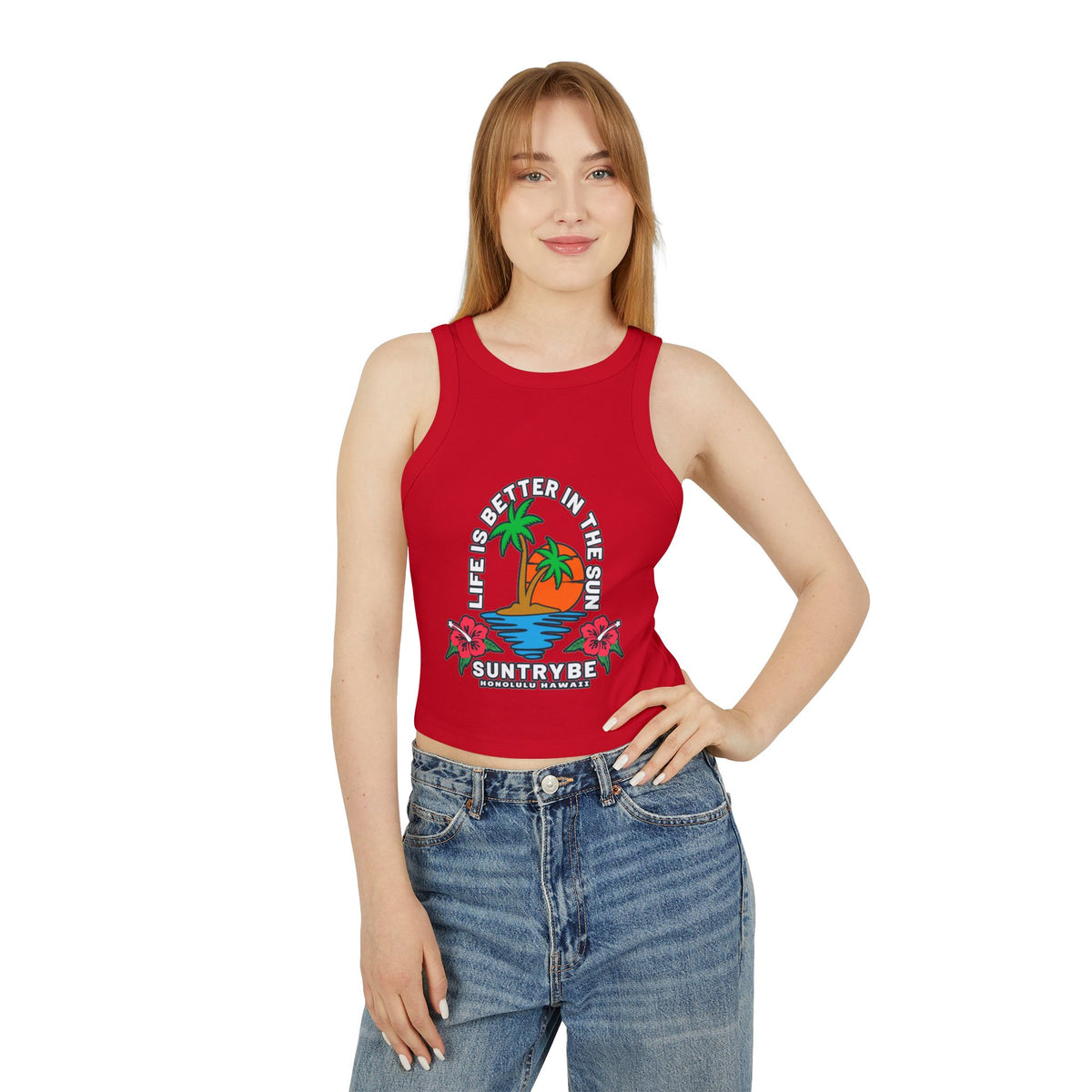 Life Is Better in the Sun - Sunset Palm Racer Crop Tank by Suntrybe Supply Co.