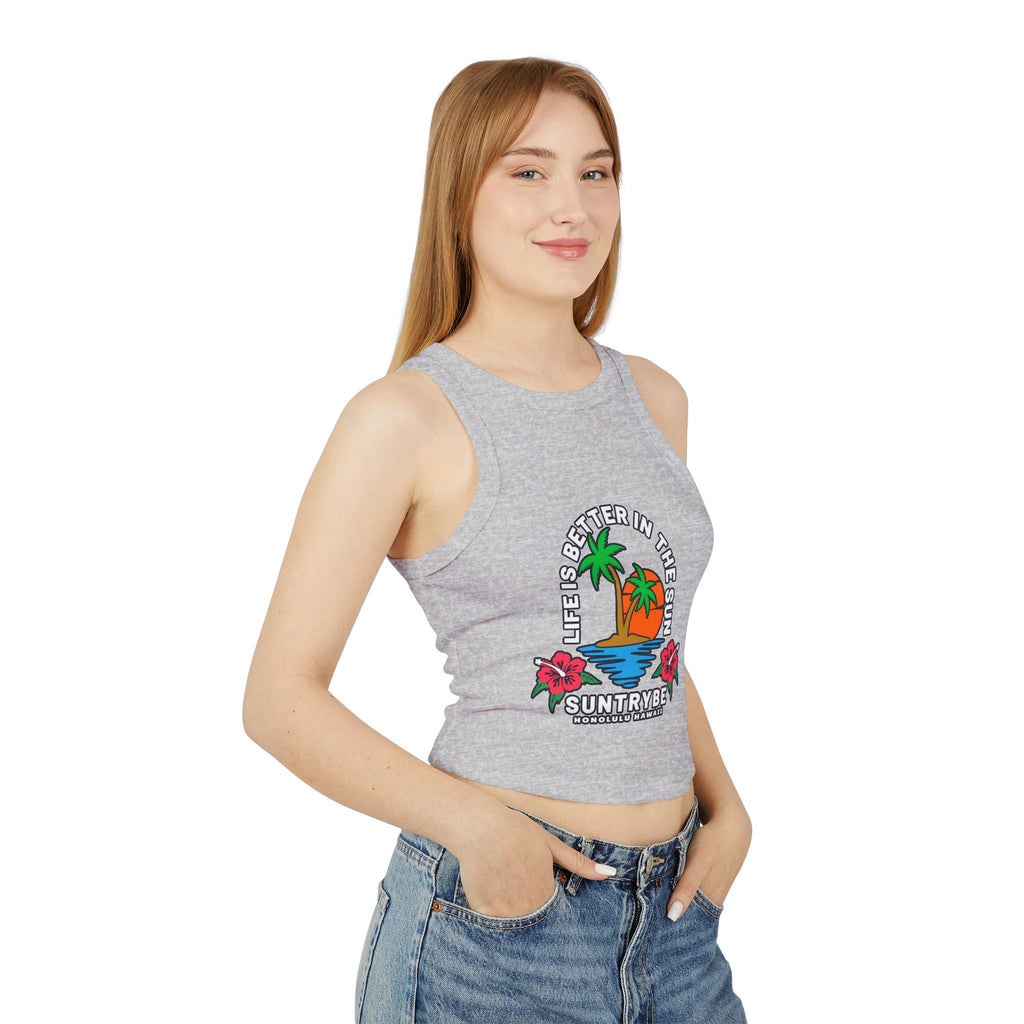 Life Is Better in the Sun - Sunset Palm Racer Crop Tank by Suntrybe Supply Co.