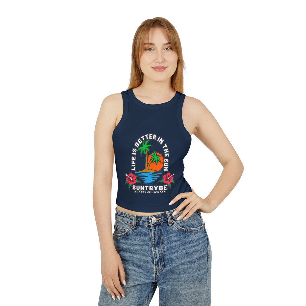 Life Is Better in the Sun - Sunset Palm Racer Crop Tank by Suntrybe Supply Co.