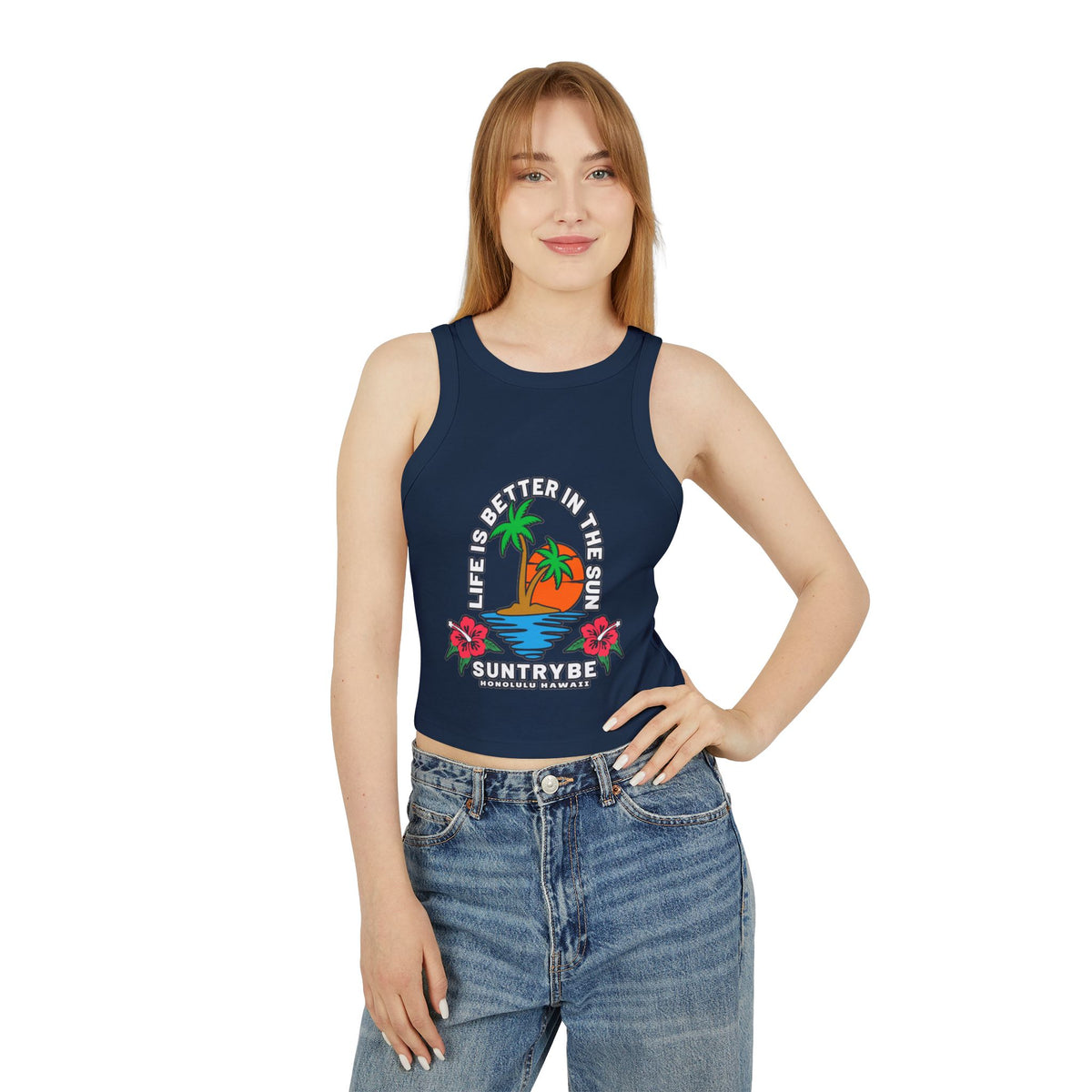 Life Is Better in the Sun - Sunset Palm Racer Crop Tank by Suntrybe Supply Co.