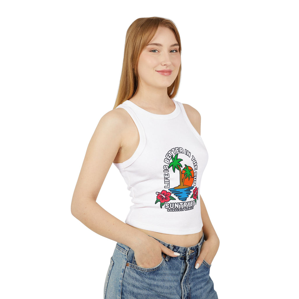 Life Is Better in the Sun - Sunset Palm Racer Crop Tank by Suntrybe Supply Co.