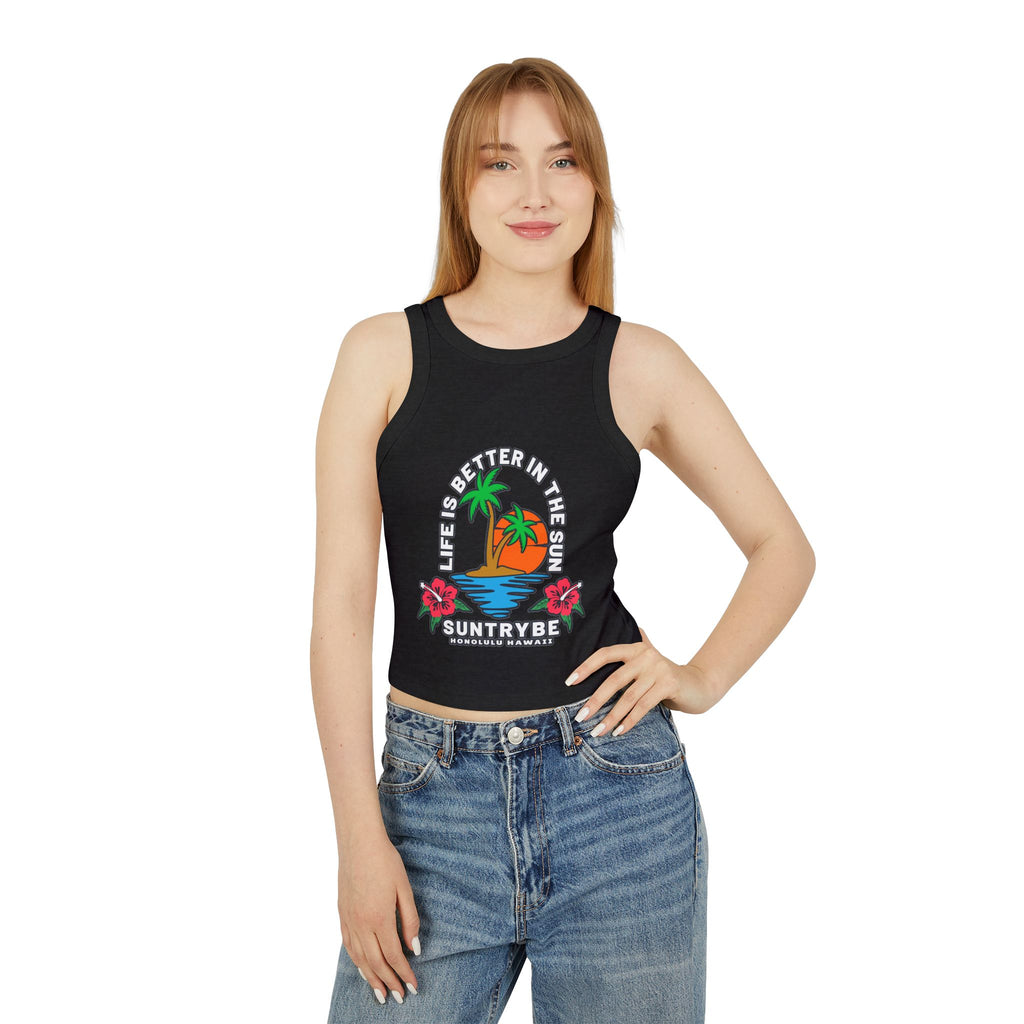 Life Is Better in the Sun - Sunset Palm Racer Crop Tank by Suntrybe Supply Co.